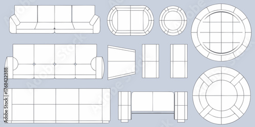Collection of furniture line drawings including sofas ottomans and tables