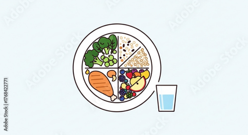 Illustration of a balanced diet plate with vegetables, grains, protein, and fruit, accompanied by a glass of water, promoting healthy eating habits and lifestyle choices