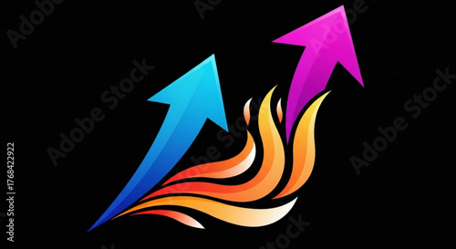Dynamic arrows surge upwards from fiery flames, symbolizing growth, progress, and success, set against a sleek black backdrop, conveying a sense of ambition