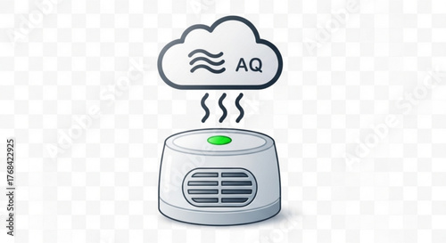 A sleek air purifier emits clean air, symbolized by a cloud with aq initials, ensuring a healthy environment