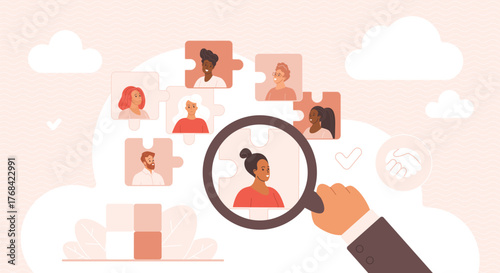 Recruitment and Selection concept showing hand with magnifying glass selecting a suitable candidate represented in jigsaw puzzle with various people. Hiring, workforce, and HR concept.
