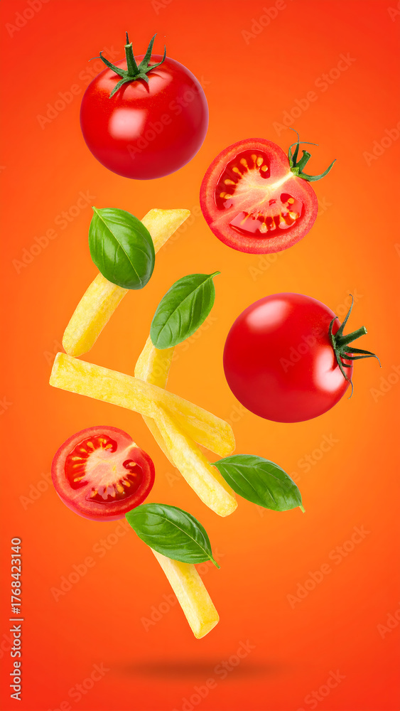Fototapeta premium Flying Cherry Tomatoes and Basil Leaves on Red Background 