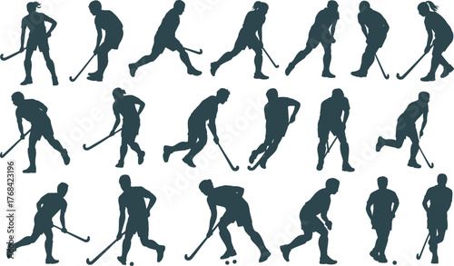 Field hockey silhouette collection, dynamic athlete poses, sports vector, hockey stick action, team movement, training posture set, flat vector illustration