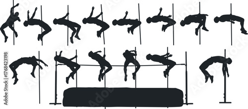 High jump silhouette sequence, Fosbury Flop technique poses, athletic motion icons, sports biomechanics graphics, track and field set, flat vector illustration