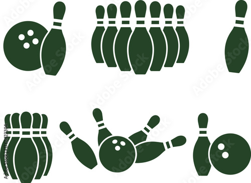 Bowling ball and pin icons, strike action, sports equipment, flat vector illustration, green silhouette, game symbols, bowling set, recreation