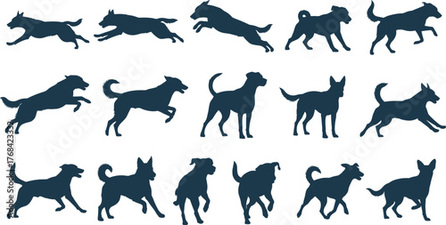 Dog silhouette collection, dynamic pet poses, running and jumping actions, canine motion graphics, highlighted figure design, flat vector illustration