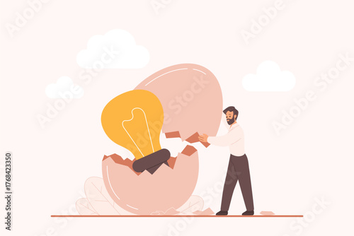 New business startup, creative invention and brand project innovation, idea incubator. Tiny businessman opening cracked egg shell to find light bulb, smart solution inside cartoon vector illustration