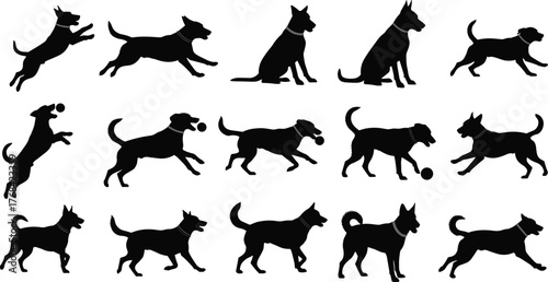 Dog silhouette collection, playful pet poses, canine motion icons, animal activity graphics, ball interaction figures, flat vector illustration