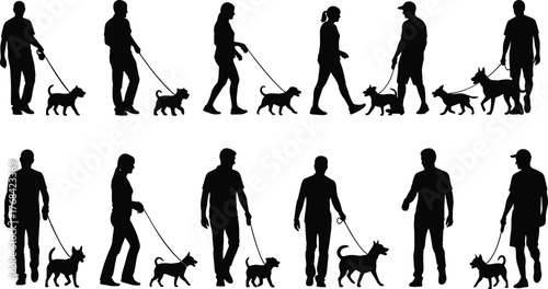 Dog walking silhouette collection, human pet interaction, leash pose icons, outdoor activity vector, canine companionship design, flat vector illustration