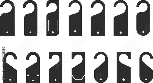 Door hanger silhouette collection, signage tag icons, hotel privacy signs, hanging label shapes, product design elements, flat vector illustration
