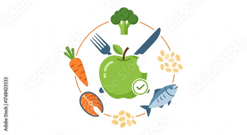 Healthy eating habits concept with fresh food like fruit, vegetables, fish, and grains arranged around an apple diet and nutrition for wellbeing