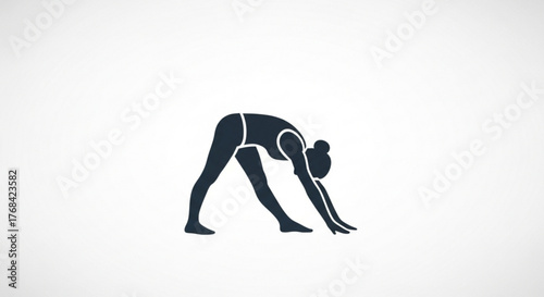 Silhouette of a woman in a yoga pose the woman is bending over and touching her toes the background is white and minimalist