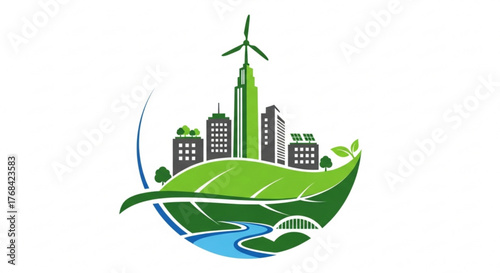 Green city logo the logo features a city skyline with a wind turbine and solar panels, all set on a green leaf the background is white