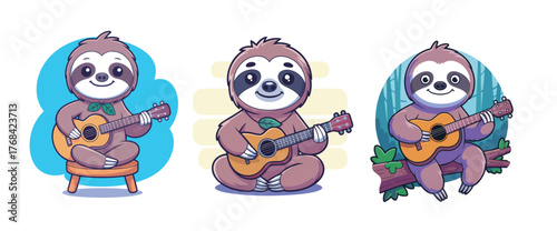 Three adorable cartoon sloths strumming ukulele songs, perfect for music education and children's books, evokes happiness and playful creativity