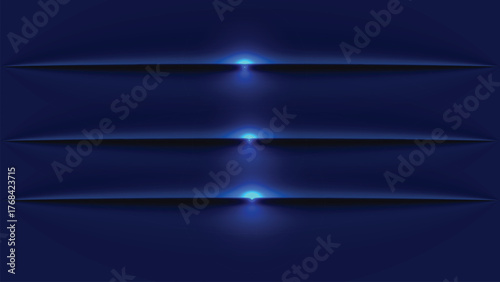Three horizontal slits with blue light emanating from them on a dark blue background create a modern design