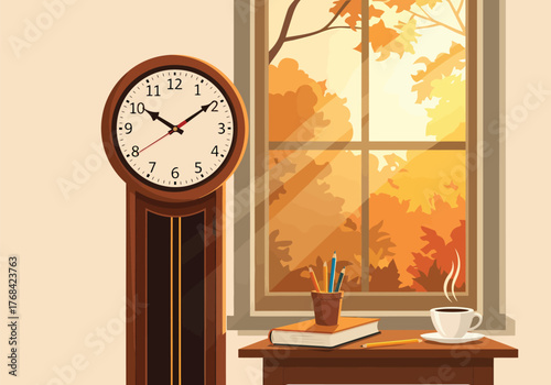 This vector illustration captures a peaceful reading environment during the transition to standard time