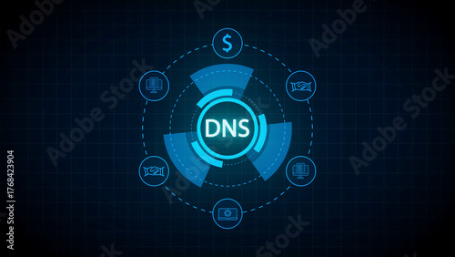 Domain Name System Technology Concept with Business Icons and Blue Grid Keywords: DNS, domain name system, technology, computer, network, grid, digital, data, communication, business, finance