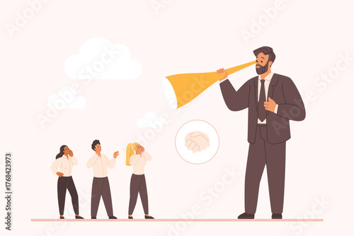 Business skill to listen to feedback and advices, voice of customers. Big boss holding hearing instrument to listen to opinions and suggestions of tiny team of employees cartoon vector illustration