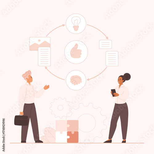 Active listening soft skill, customer feedback and collaboration of employees productivity. Tiny people and loop of conversation, effective exchange and sharing of ideas cartoon vector illustration