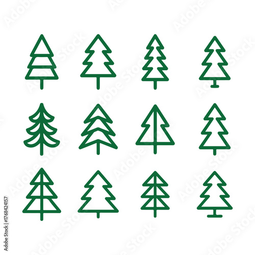 Minimal Christmas tree set vector, simple evergreen pine tree icons in green outline style, winter holiday forest illustration on white background