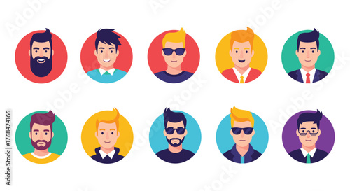 A collection of diverse flat design male avatar icons representing various characters with different hairstyles, facial hair, and accessories.