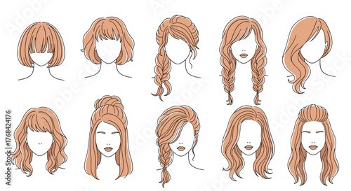 A collection of various women's hairstyles in an illustrative line-art style, showcasing diverse cuts and updos.