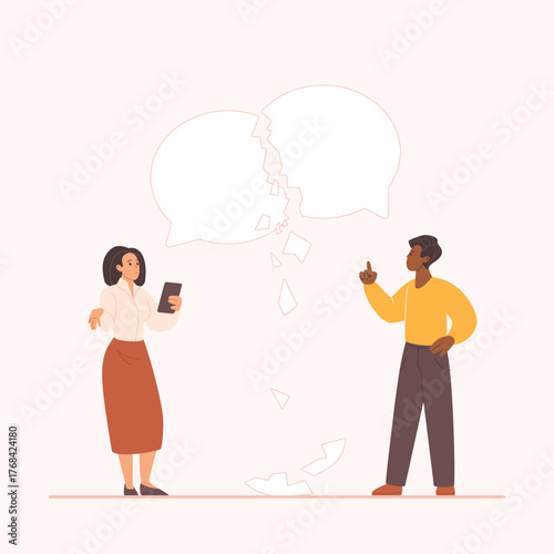 Failure problem and miscommunication of negotiation, crisis and conflict barrier on business meeting. Tiny man and woman with broken speech bubbles of misunderstanding cartoon vector illustration