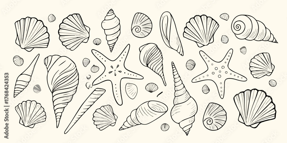 custom made wallpaper toronto digitalCollection of hand drawn seashells and starfish in a simple line art style on a cream background