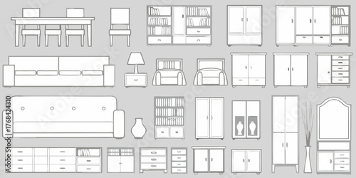 Collection of hand drawn furniture illustrations including sofas beds cabinets tables and chairs on a grey background