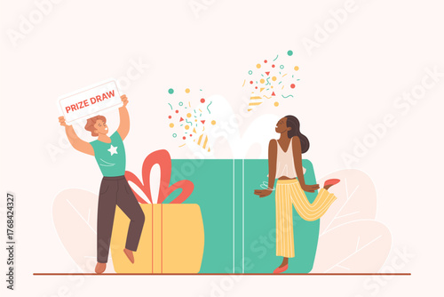Prize draw in contest and lottery, casino raffle, giveaway reward, gift and bonus. Tiny man holding card with Prize draw text, lucky people win surprise present boxes cartoon vector illustration