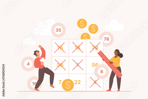 Lottery and bingo game, gambling casino business, entertainment. Tiny lucky woman and man playing raffle, people mark numbers on lotto ticket with pencil to win prize cartoon vector illustration