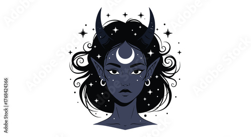 A mystical dark-skinned fantasy woman with horns and elven ears, adorned with a glowing crescent moon and surrounded by shimmering stars.
