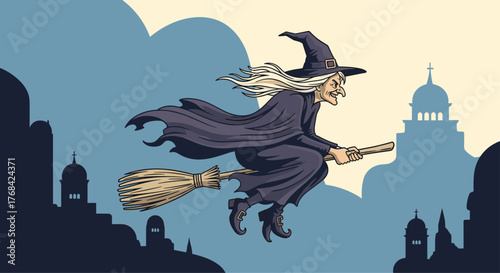 A cartoon witch flies on her broomstick over a city at night, silhouetted with buildings and clouds in a retro illustration style, for Halloween, or fantasy themes.