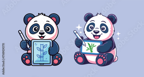 Adorable pandas happily creating digital art with styluses and tablets, showcasing creativity and joy in a modern artistic style.