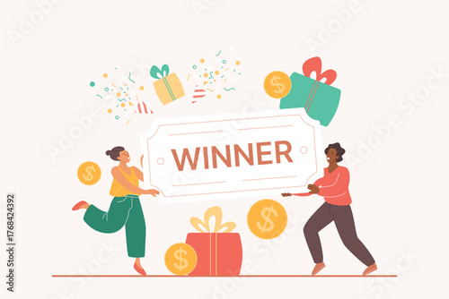 Winner of raffle prize, award of gambling game, flyer for gift and jackpot. Tiny lucky people win certificate and coupon, rich man and woman hold paper voucher card cartoon vector illustration