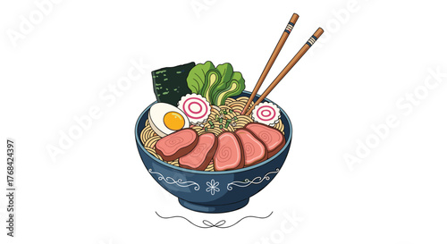 Delicious bowl of ramen with chopsticks and assorted toppings, presented in a pixel art style.