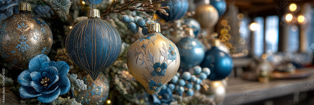 Fototapeta premium christmas tree decorations in blue