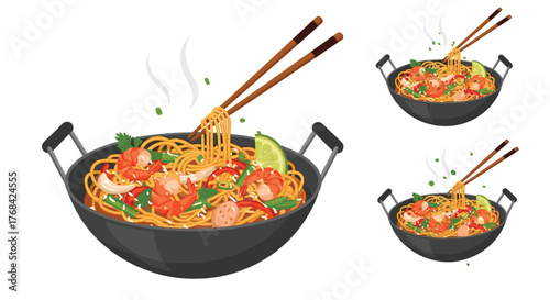 Delicious shrimp pad thai with noodles in a wok, garnished with lime and cilantro, showcasing the flavorful Asian cuisine.