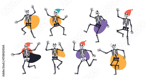Various skeletons dressed in festive hats and capes dance joyfully against a white background.