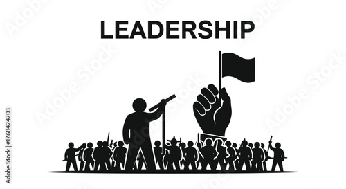 A silhouette of a leader inspiring a crowd with a raised flag