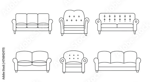 Line drawing of various sofa and armchair furniture arrangements