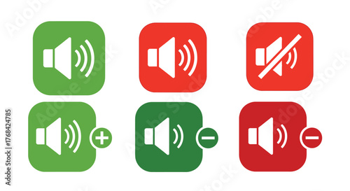 Various volume control icons displayed in green and red color schemes