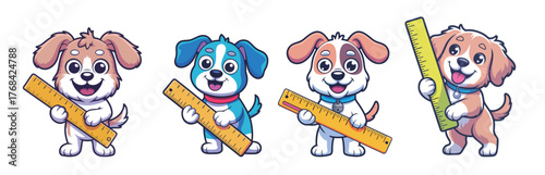 Adorable cartoon puppies holding rulers ready for school, education, or playful learning with happy, excited expressions