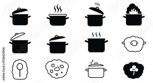 Collection of black and white cookware icons depicting pots pans and food