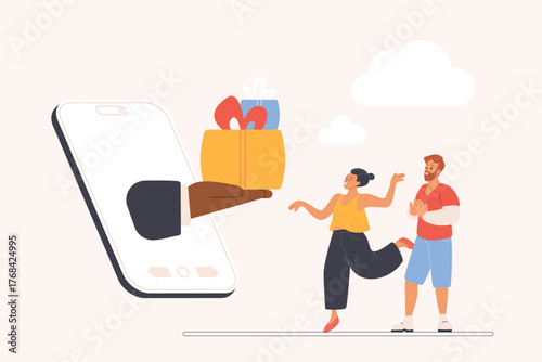 Loyalty program, incentive prize and exclusive benefit to earn money and discount for member, referral. Hand from phone screen giving surprise gift box to happy tiny people cartoon vector illustration