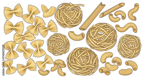 Various types of dry uncooked pasta, including farfalle, penne, fettuccine nests, and macaroni, in a detailed vector illustration on a white background.