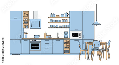 Light blue kitchen with appliances, shelving, and a dining table set up.