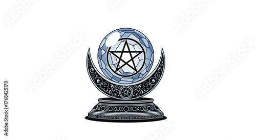 A mystical crystal ball with a pentagram on a crescent moon stand, isolated on a white background, representing divination and fortune-telling practices, ready for magical insights.