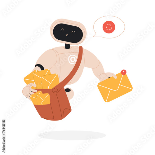 Mailbox message management and delivery automation with AI service. Cute futuristic robot character with postman bag holding envelopes with email letters to deliver to user cartoon vector illustration