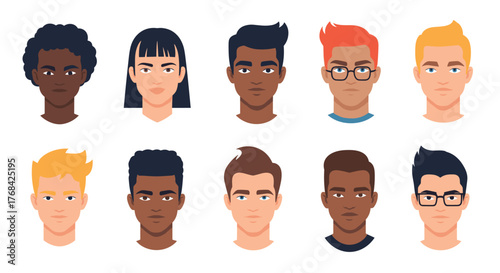 Diversity in Cartoon Faces: An array of ten diverse cartoon faces featuring varied ethnicities, hair styles, and facial features in a minimalist vector art style.